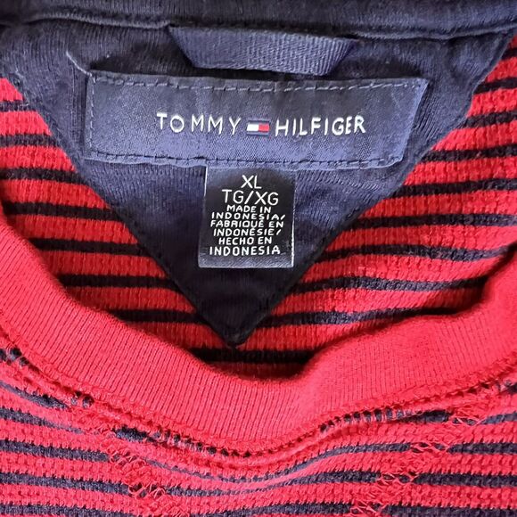 Tommy Hilfiger Cotton Knit Sweater Men's XL Red Navy Blue Stripe Y2K 90s Classic - Picture 8 of 16